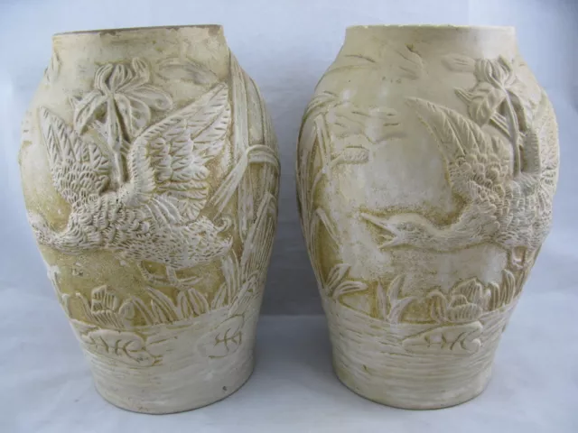 Paar Jugenstil Vasen Enten im Schilf ~ 1900 - 711 - 2x Vase Steingut / Ton