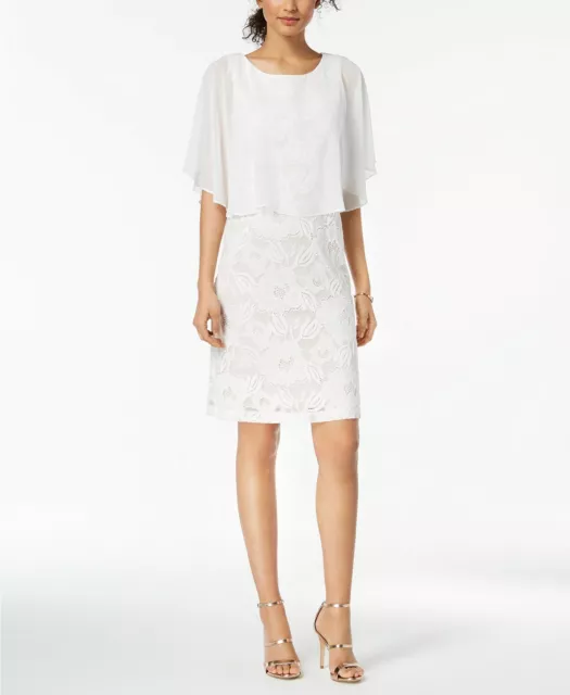 $222 Connected Women'S White Scoop Neck Lace Chiffon Cape Sheath Dress Size 8