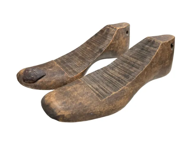 Antique Vintage Primitive Hand Carved Pair Rustic Wooden Shoe Cobbler Form Mold