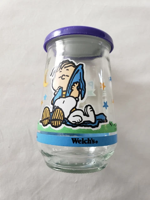 Snoopy Welch's Jelly Jar Peanuts Glass #2- Linus & Snoopy- Lap For A Nap  W/LID