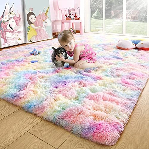 Noahas Fluffy Rug for Girls Bedroom Pink Rugs for Bedroom 4 x 6 Feet Rainbow