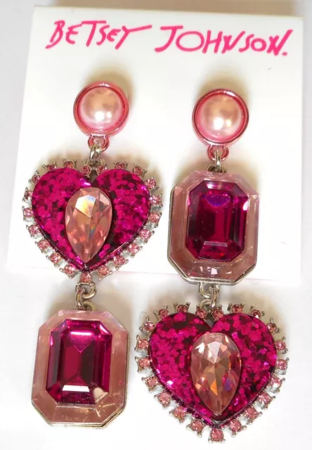 Betsey Johnson Mismatch Pearl Heart Dangle 2.5" Drop Earrings Ruby Pink NWT $52