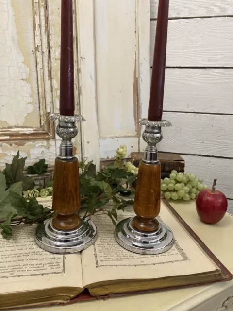 PAIR Genuine 20's 30's ART DECO Turned Oak & Chrome CANDLESTICKS Wooden 2