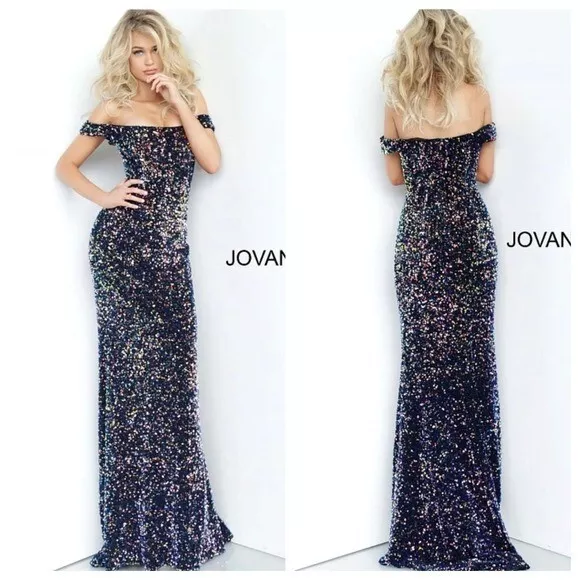 NEW JOVANI Black Blue Sequined Off the Shoulder Prom Formal Evening Gown Size 0