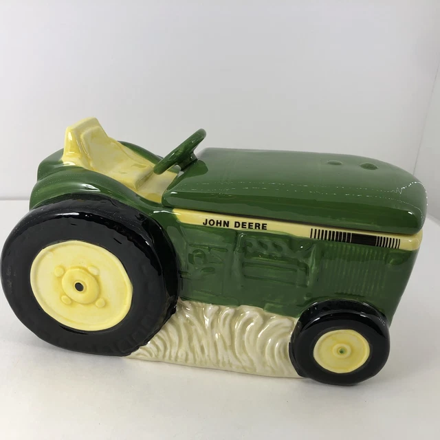 John Deere Tractor Cookie Jar Green Yellow Stoneware Storage Canister 11 1/2x 7”
