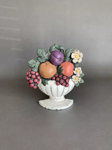 Antique Cast Iron Fruit & Flower Basket Doorstop ~ Original Perfect Paint Rare