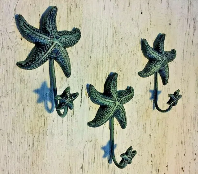 SET OF 3 ANTIQUE BLUE GRAY STARFISH HOOKS ocean star fish seashell beach 6" in