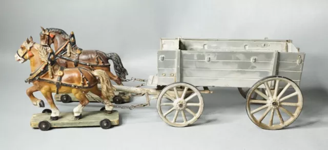 1930 German Hausser Large Horse Drawn Supply Wagon Cart Carriage Composition Toy