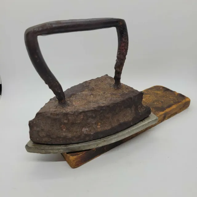 Antique Primitive Hand Forged Flat Sad Iron & Handmade Metal & Wood Stand