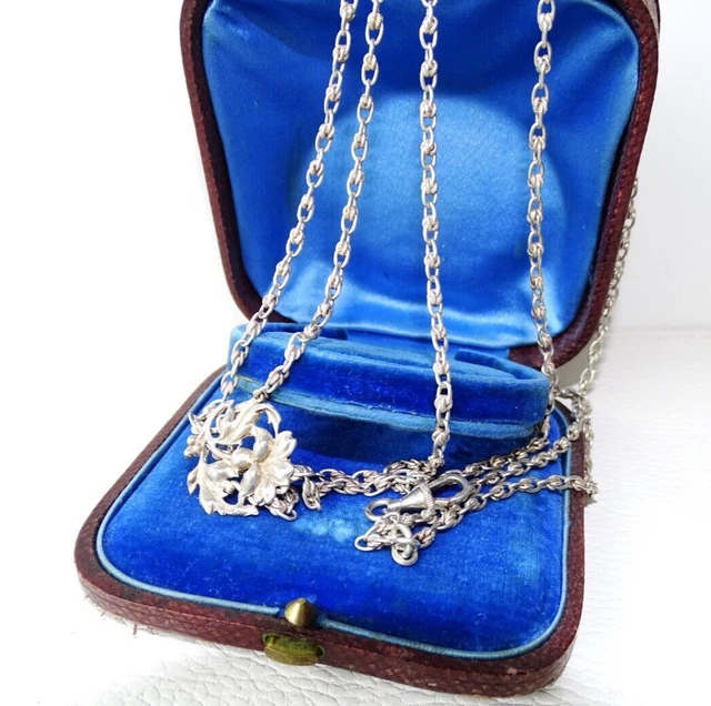 Collier Long Art Nouveau En Métal Argenté - Ancien Sautoir - Occasion En Bon état