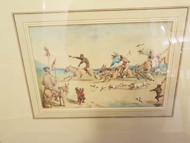 Mid 19th Century Humorous Watercolour - Donkey Derby signed with W monogram