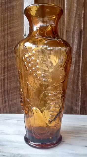 AMBER GLASS.Vintage.Pressed.Vase.Fruit Design.