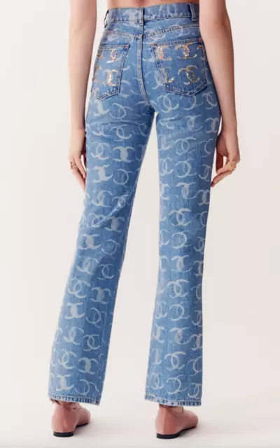 CHANEL Light Washed Blue Denim Coco Embroidered Jeans 36 CC