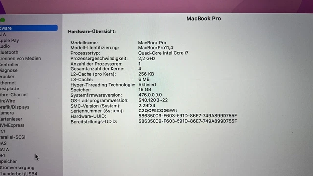 Apple MacBook Pro 15,4, 16 GB, 2,2 GHz i7 QuadCore i7, 250 GB unità di memoria a stato solido, Monterey 11