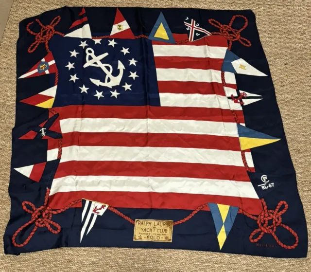 Vtg  Ralph Lauren Yacht Club Polo Silk Scarf Nautical Flag Red White Blue 35”