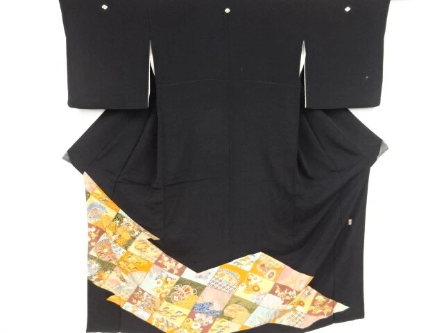 03935# Japanese Kimono / Antique Tomesode / Embroidery / Diagonal Grid & Flo