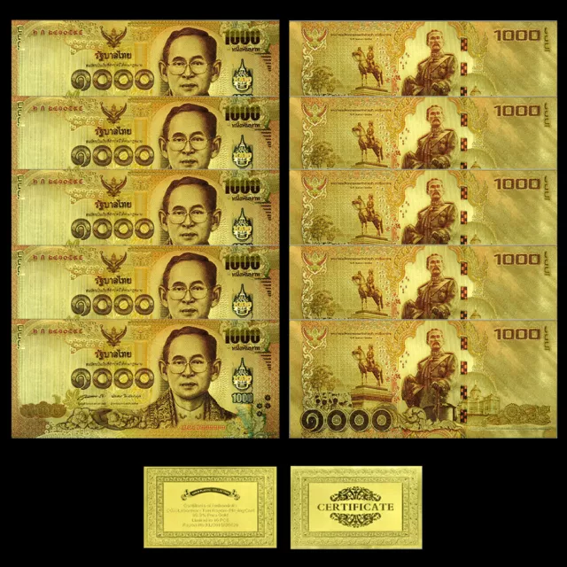 10pcs 1000 Thai Baht Gold Banknotes 2017 Years Thailand Money UNC Notes Gift