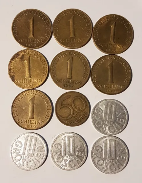 12 Austrian Coins 7 x 1 Schilling; 1 x 50 Groschen; 4 x 10 Groschen