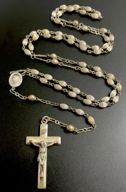 Vintage Catholic Ribbed Oval Metal 5 Decade Silver Tone Rosary, Crucifix