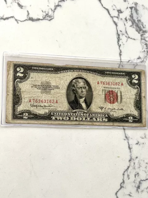 $2 Two Dollar Bill Series 1953C Red Seal Federal Reserve Note Old Currency