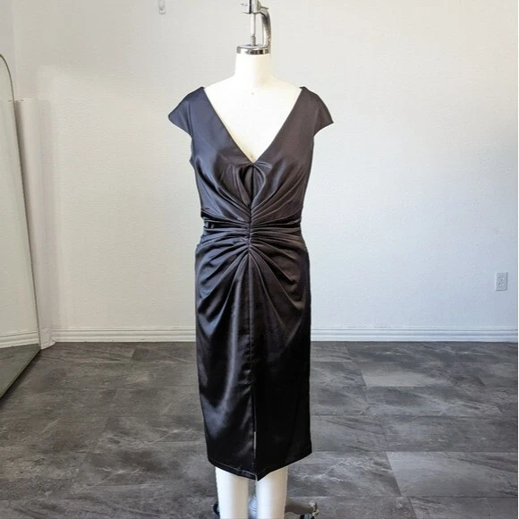 Tadashi Collection Satin Pleated V Neck Dress Black 6 wedding evening cocktail