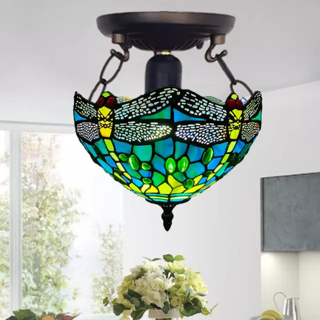 Dragonfly Tiffany Style 10 inch Ceiling Stained Glass Shade Lamp Handcrafted Art