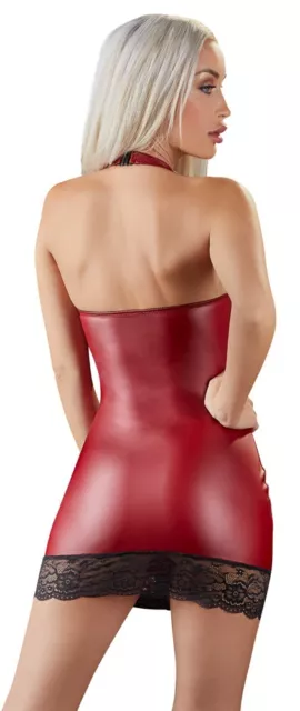 Mini Abito Sexy aderente Rosso in wetlook con Pizzo nero per Club o Feste 3