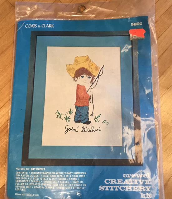 Kit de bordado vintage Crewel para niño mopett abrigos y clark #5802 y 2 aros