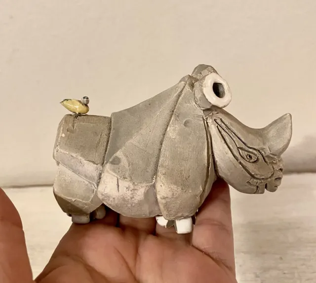 Vintage Artesania Rinconada Rhinoceros w/Bird Pottery Ceramic Figurine ~ URUGUAY
