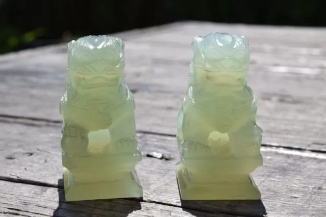Pair of Chinese Hand Carved Foo Dogs Celadon Nephrite Jade Guardian Lion Dogs