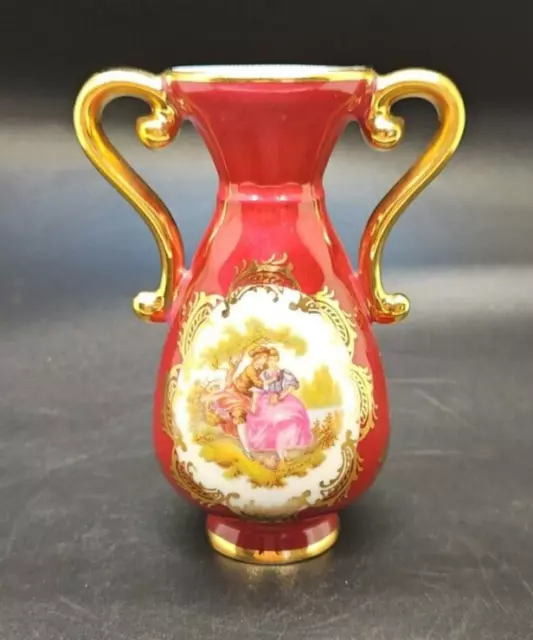 Vintage La Reine French Limoges Porcelain Two Handled Vase Gold & Red B 4"