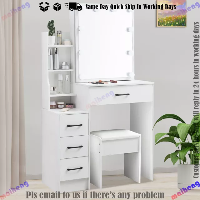 Dressing Table With LED Sliding Mirror Drawer and Stool Vanity Table Makeup Desk