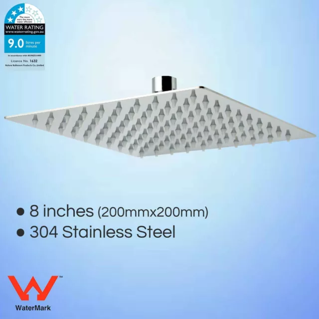 WELS 8" Ultra Thin 304 Stainless Steel Square Rainfall Overhead Shower Head Rose