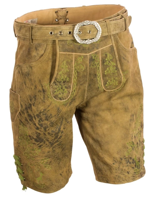 kurze Lederhose Trachtenlederhose Latz  Gürtel Plattlerhose grün bestickt