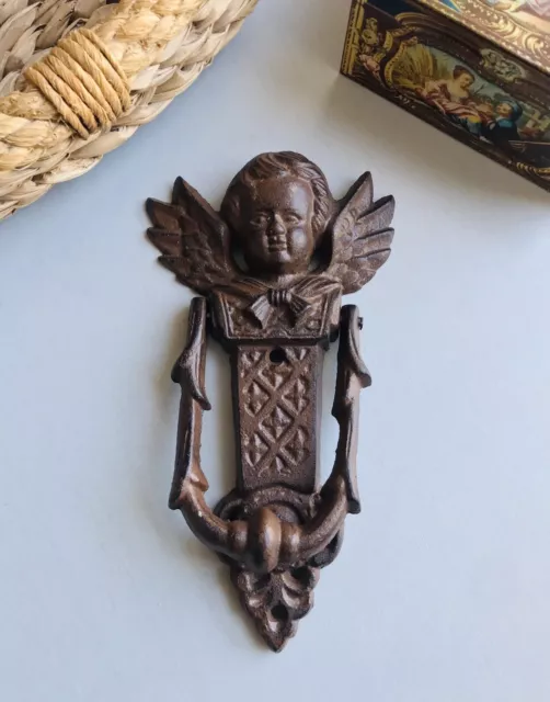 Vintage French Cast Iron Door Knocker Rustic Putti Cherub Gothic 717 grams