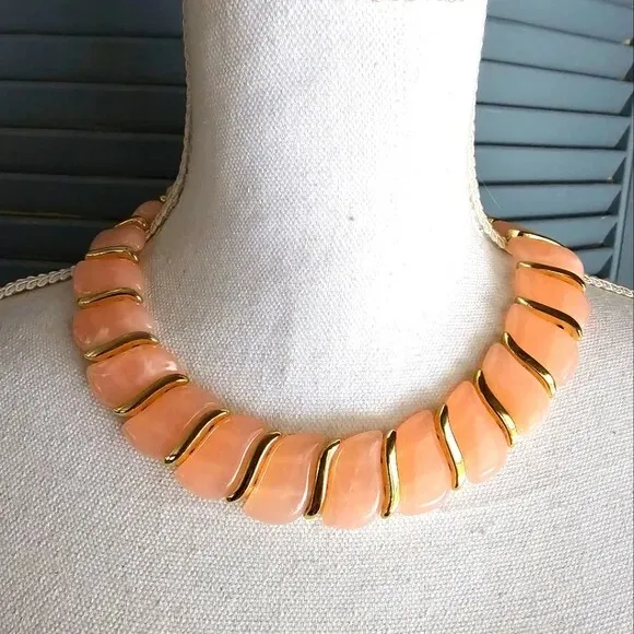 70's Lucite Bib Style Necklace Pink Gold Tone Accents Lays Flat Statement Vtg