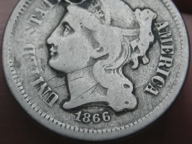 1866 Three 3 Cent Nickel- VG/Fine Details