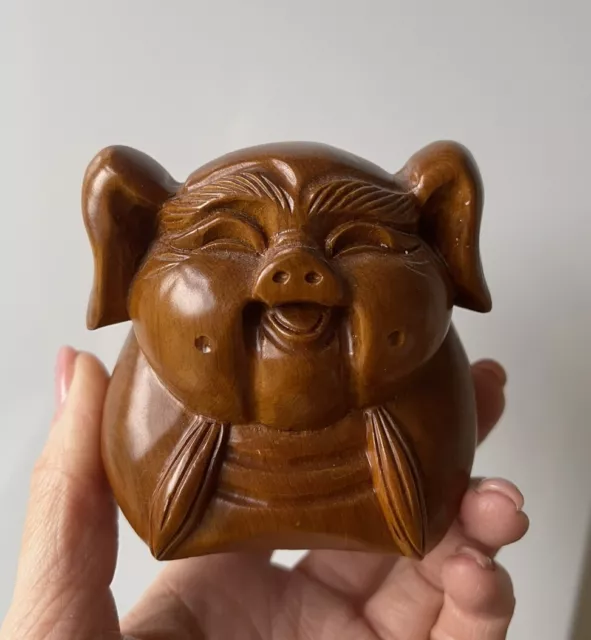 Handmade Hand Carved Wooden Wood Pig Sculpture Ornament ~ From Singapore