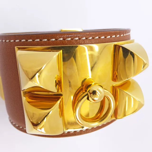 Hermes Collier de Chien Brown M Engraved Bracelet Bangle Gold Box Accessary