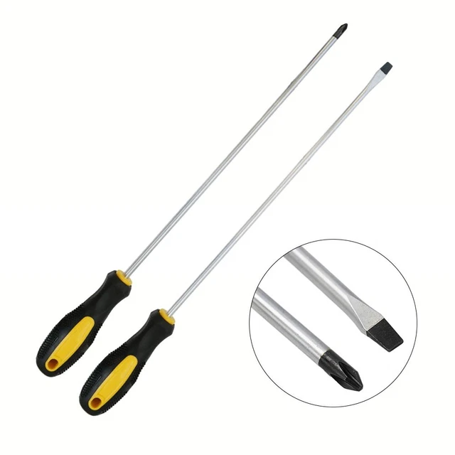Lot De 2 Tournevis Extra-longs 400 Mm (12 Pouces) - Lame Plate Magnétique - Poignée Caoutchouc Vert - Pour Accès Difficiles