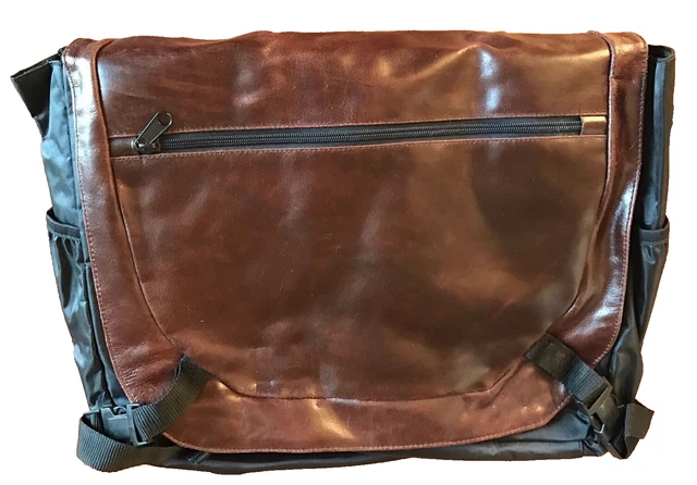 NWT Messenger Men's Shoulder Bag Soft Crossbody Brown Leather Black Nylon Case