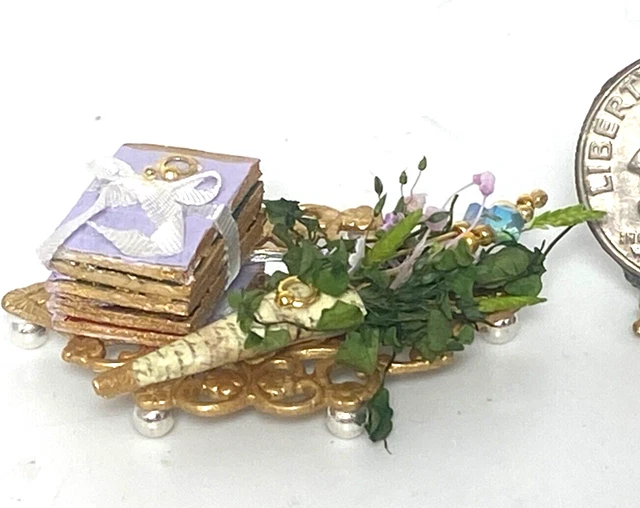 OOAK Artisan Vanity Tray Bouquet Books & 2 Swarovski Hatpins Dollhouse 1:12 mini