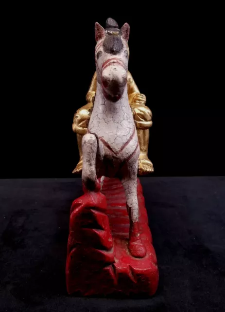 Vintage Burma Myanmar Hand Carved & Painted Gilded Nat Warrior Figure On Horse 5