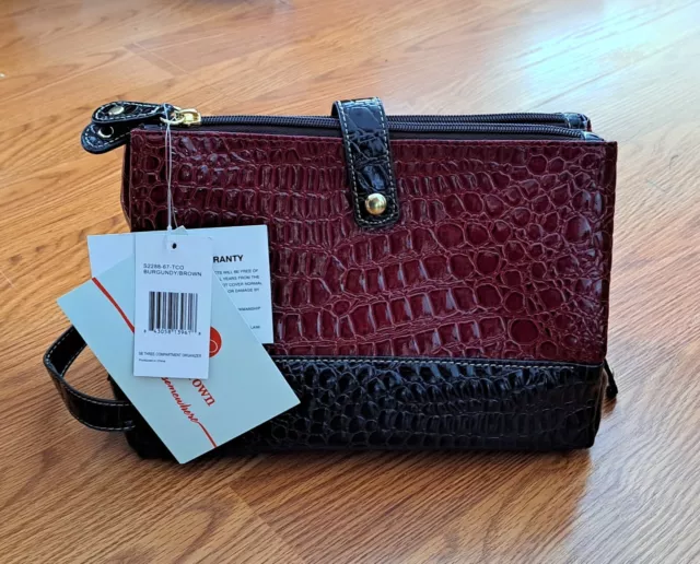 Samantha Brown Embossed Print Three Compartment Organizer Burgundy/Brown NWT