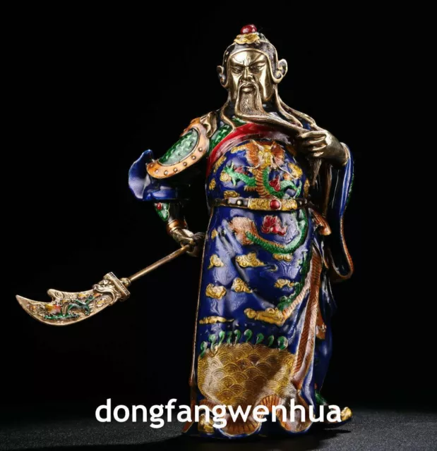 9" Chinese Cloisonne Enamel Bronze Gilt Guan Gong Yu Warrior God Dragon Statue