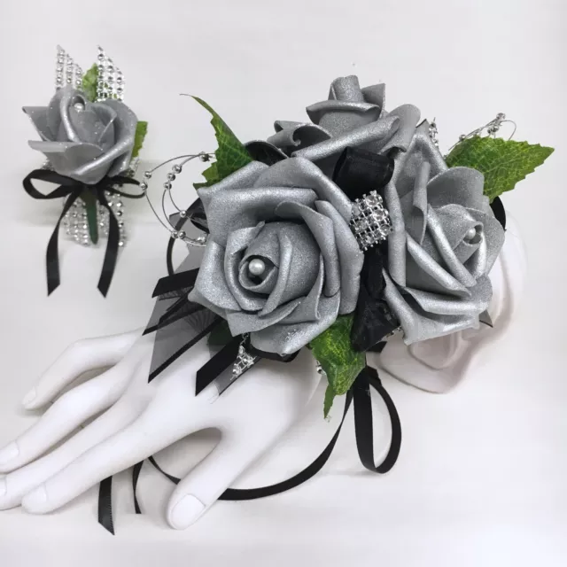 Glamour Triple Silver Foam Rose on Black  Prom Corsage & Boutonniere Combo