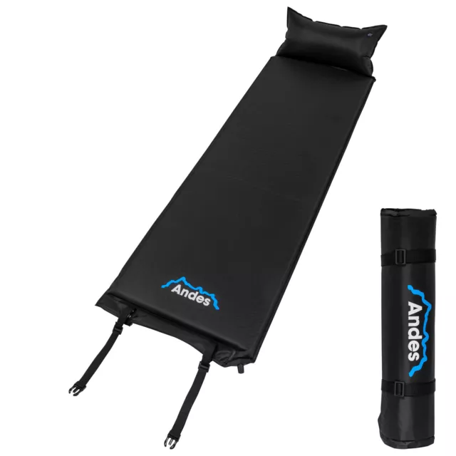 Andes Self Inflating Camping Travel Mat With Pillow Hiking Roll Mattress Black