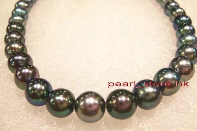 TOP LUSTER 18& 9-10mm real natural TAHITIAN green black pearl necklace ...