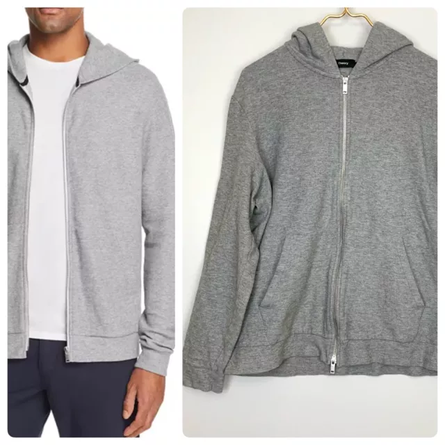 Theory Mens Sz XL Gray Ridge Waffle Knit Thermal Sweater Double Zip Hoodie