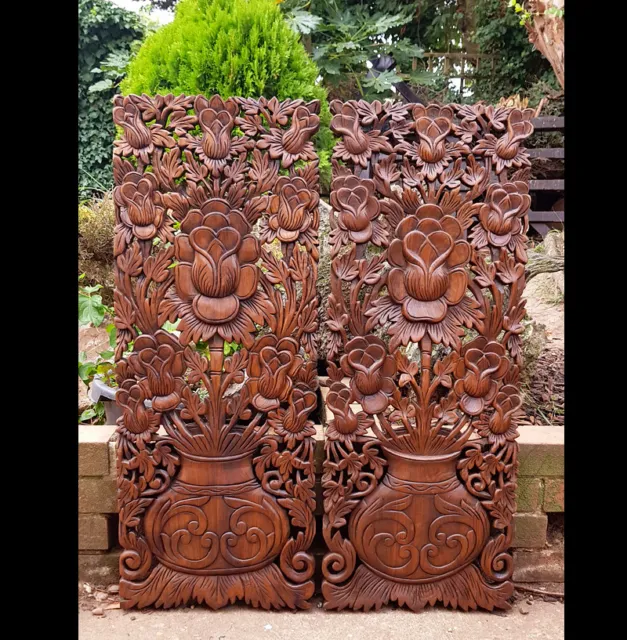 Master Carved Teak Wood 2 Piece Lily Lotus Flowers,Roses,Wall Panels,Wall Art,
